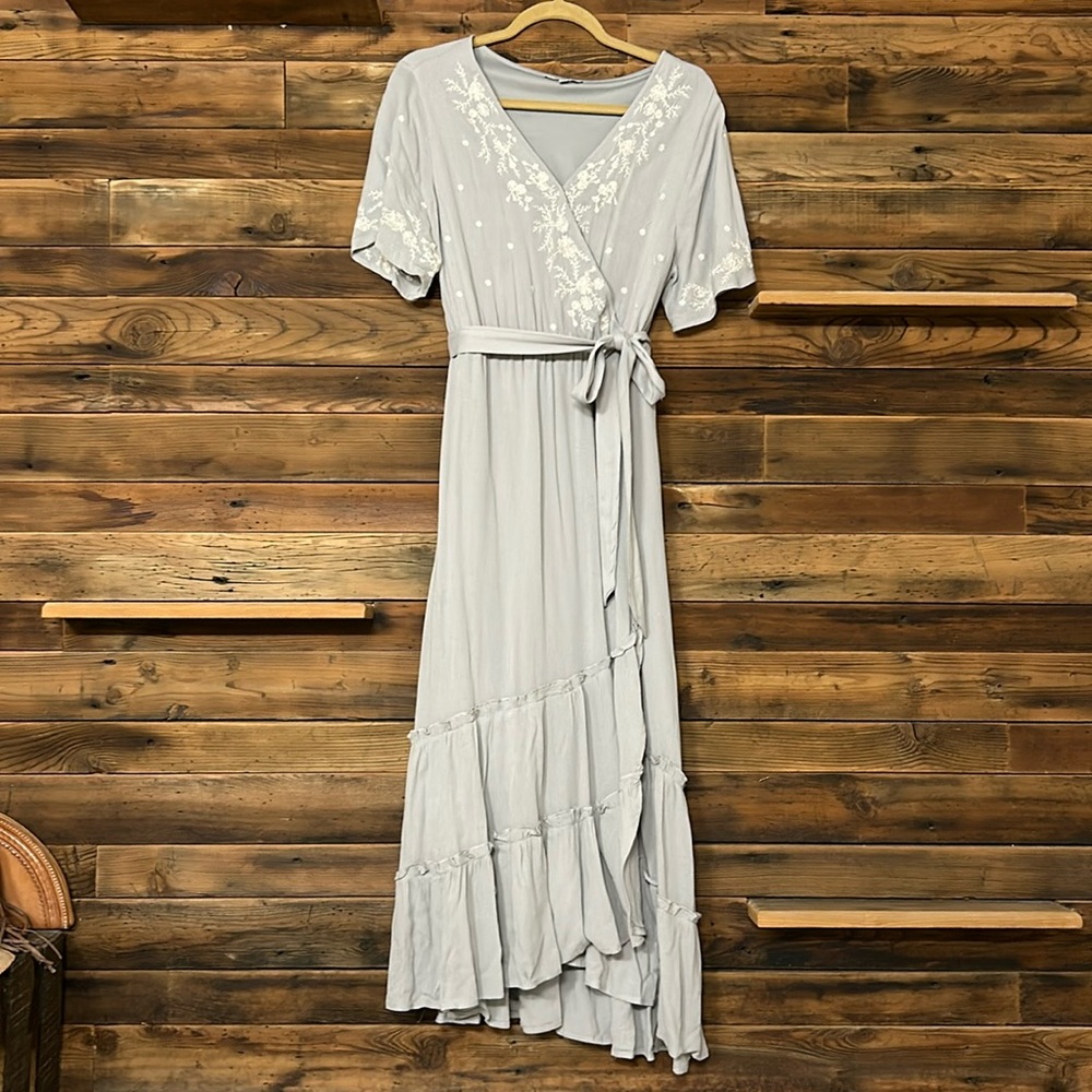 Grey Embroidered Faux Wrap Dress